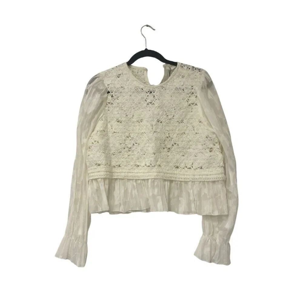 Zara Womens Crochet Top Shirt Blouse L Large Ecru Round Neck 1937/301 NWT